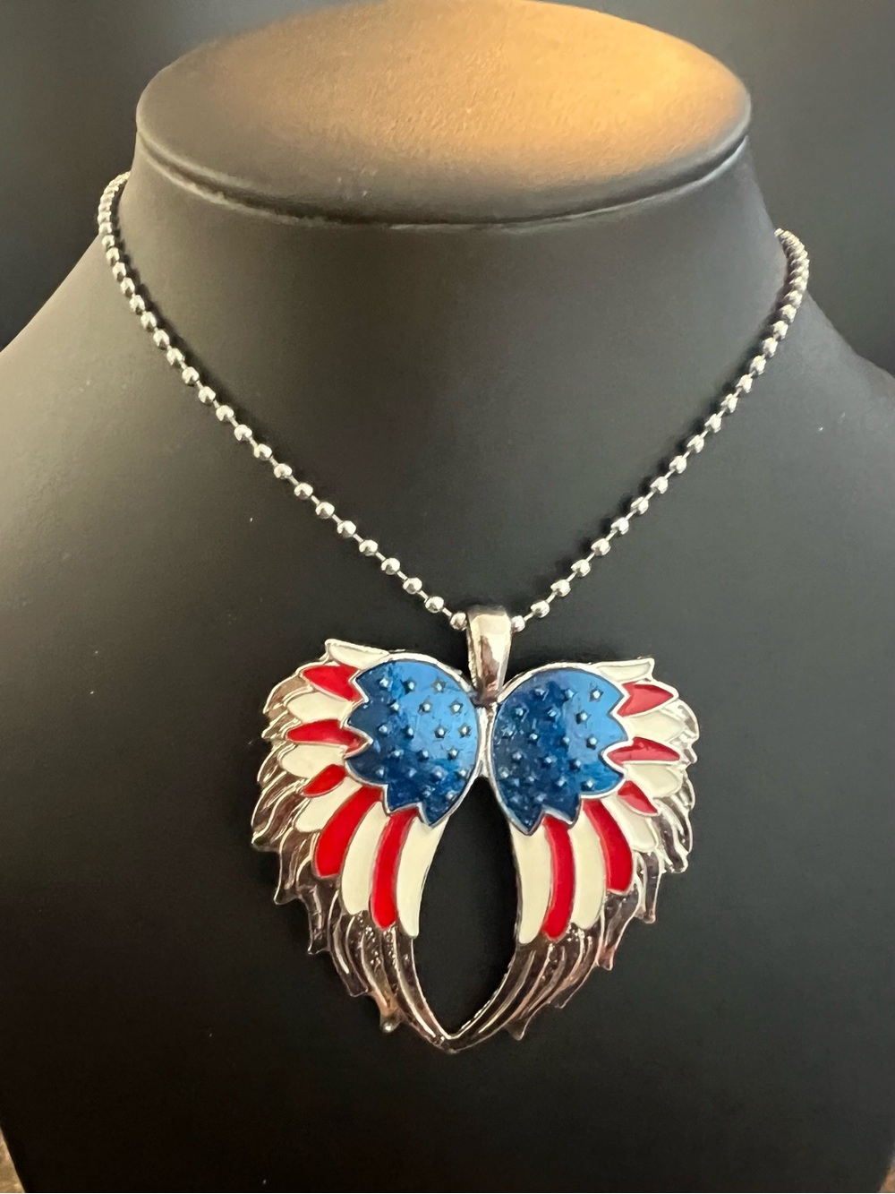 Patriotic Wing Heart Pendant Necklace - Silver, Red & Blue Unisex NWT